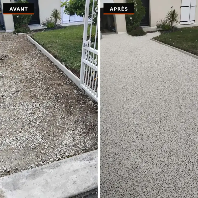 Avant / après d'une allée : terrain décaissé puis allée en gravier blanc avec bordures béton