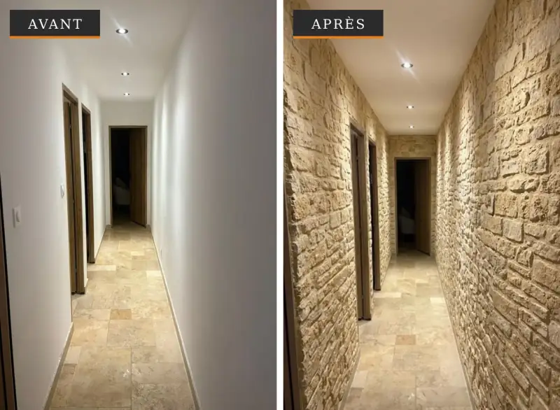 Avant / après d'un couloir : murs blancs habillés de parement en pierre naturelle