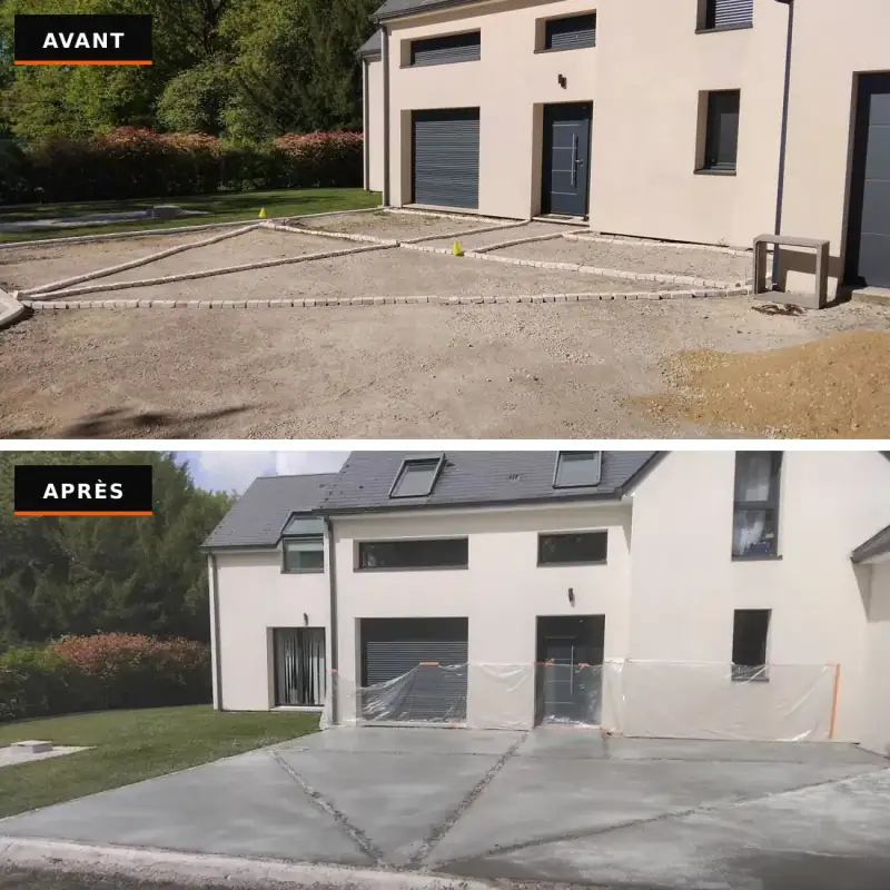 Avant / après d'une cour : bordures en pavés posées en diagonale puis béton coulé devant la maison