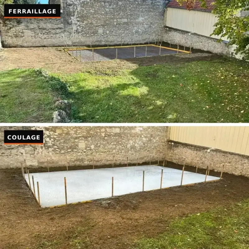 Dalle béton au pied d'un mur en pierre : coffrage et treillis soudé, puis béton coulé