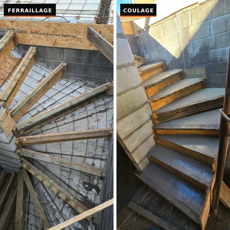 Escalier tournant en béton : coffrage bois et ferraillage, puis marches coulées