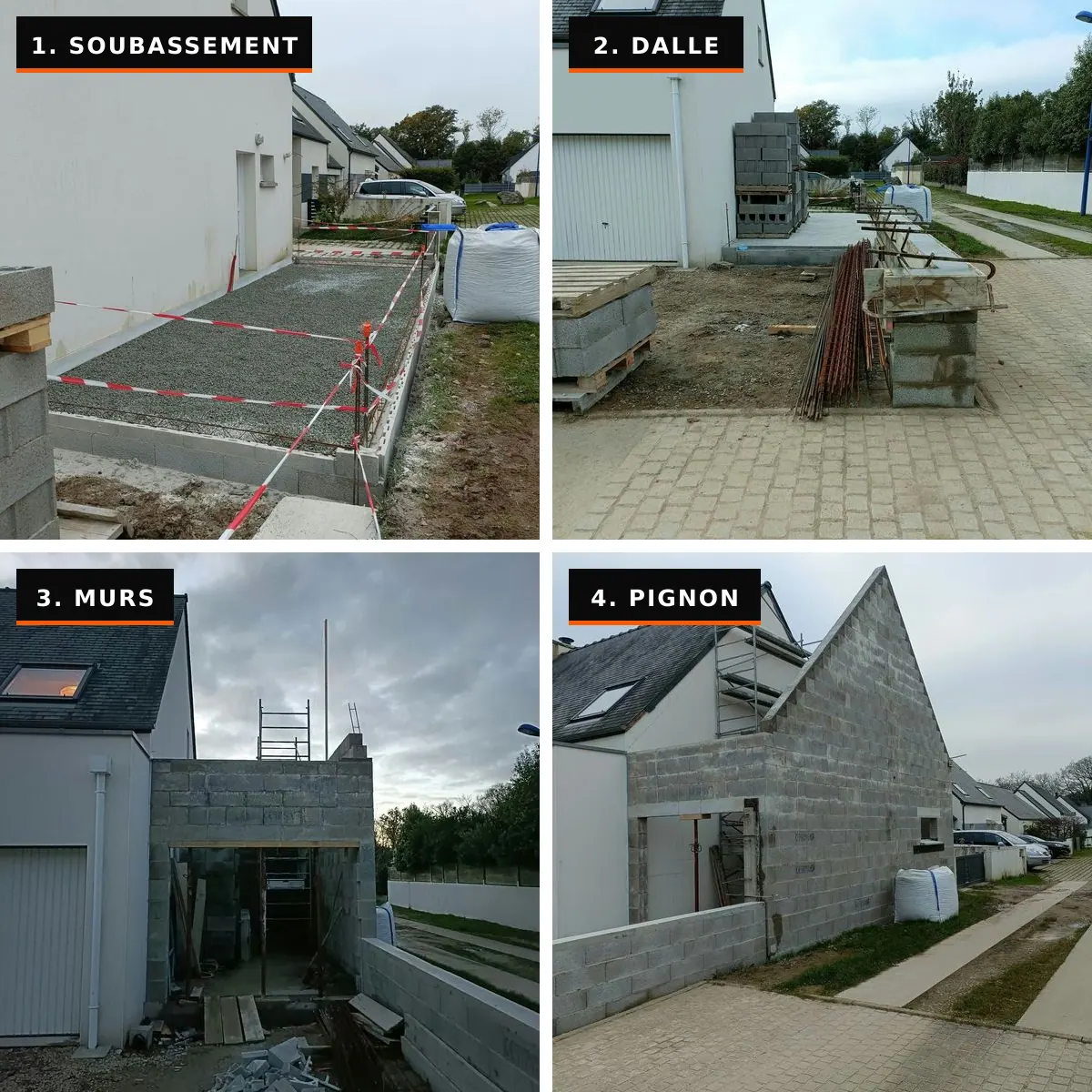 Étapes de construction d'une extension en parpaing : soubassement, dalle, murs et pignon