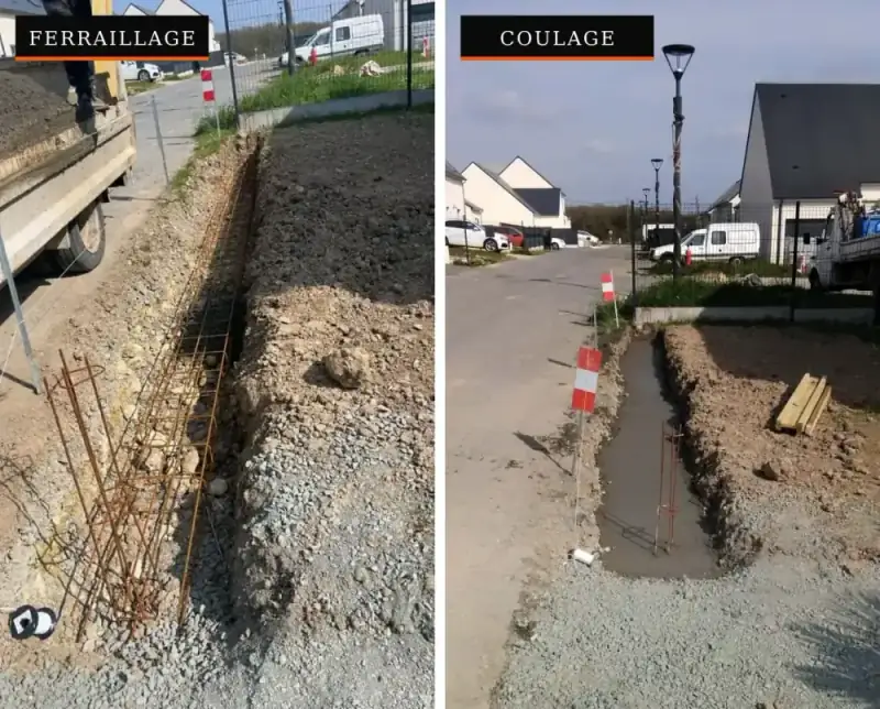 Fondations d'un mur de clôture : tranchée terrassée avec ferraillage, puis semelle béton coulée avec attentes