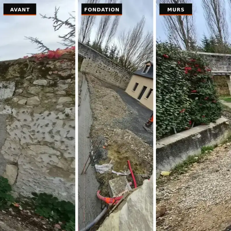 Construction d'un mur de clôture sur rue : cour ouverte, fondation coulée puis murs et piliers en parpaing