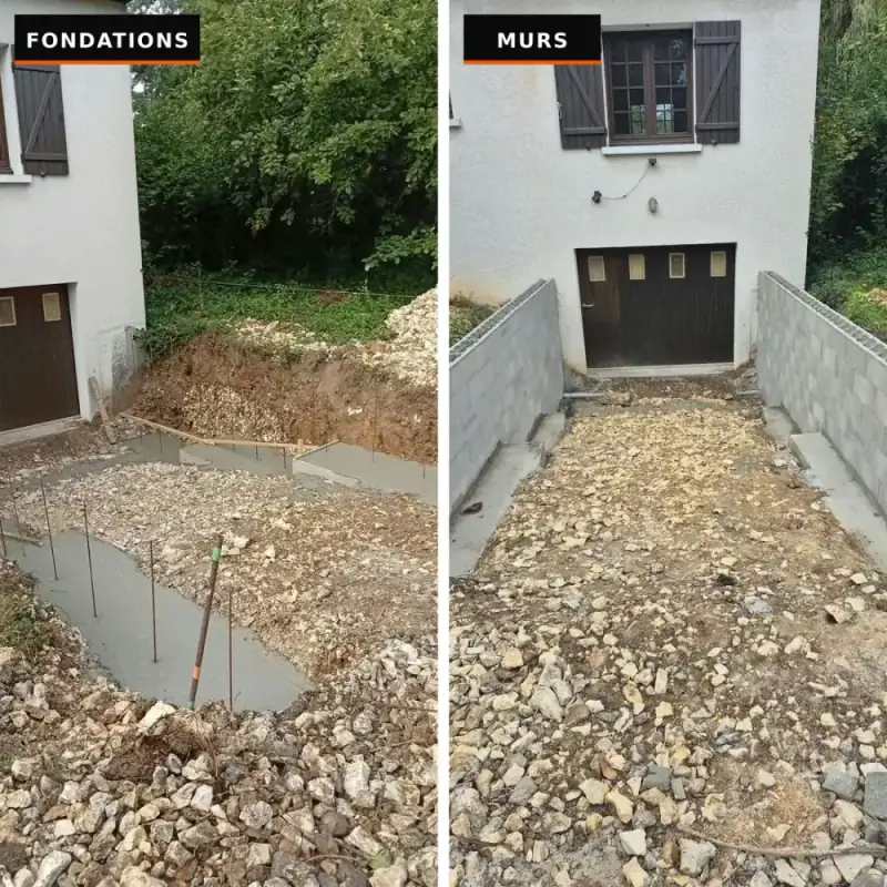 Terrassement d'une rampe d'accès au garage en sous-sol, fondations puis murs de soutènement en blocs