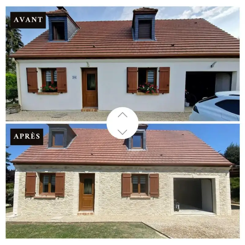 Avant / après d'un ravalement de façade en enduit décor pierre réalisé par O.M.T