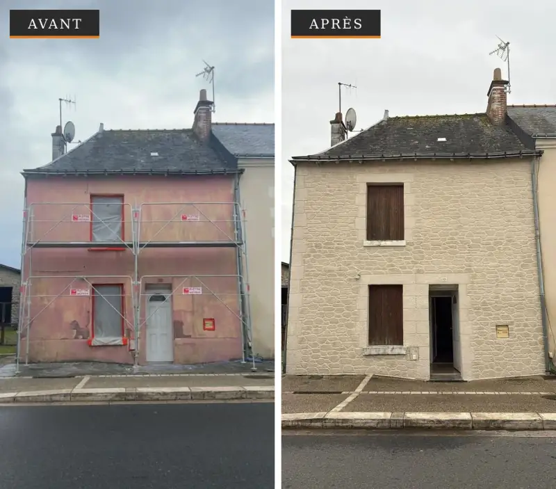 Avant / après du ravalement d'une maison de ville : façade rose dégradée refaite en enduit décor pierre