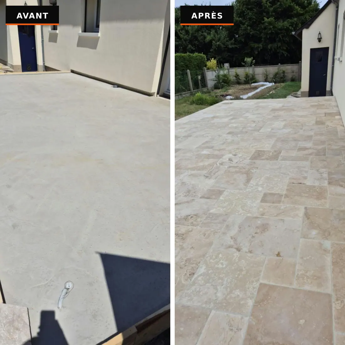 Avant / après d'une terrasse : dalle béton coulée puis habillée de travertin posé en opus romain