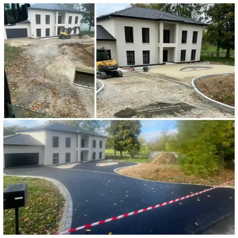 Terrassement et création d'une allée en enrobé avec bordures devant une maison neuve